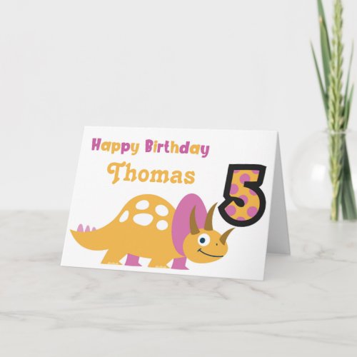 Cute Yellow Dinosaur 5th Birthday Card