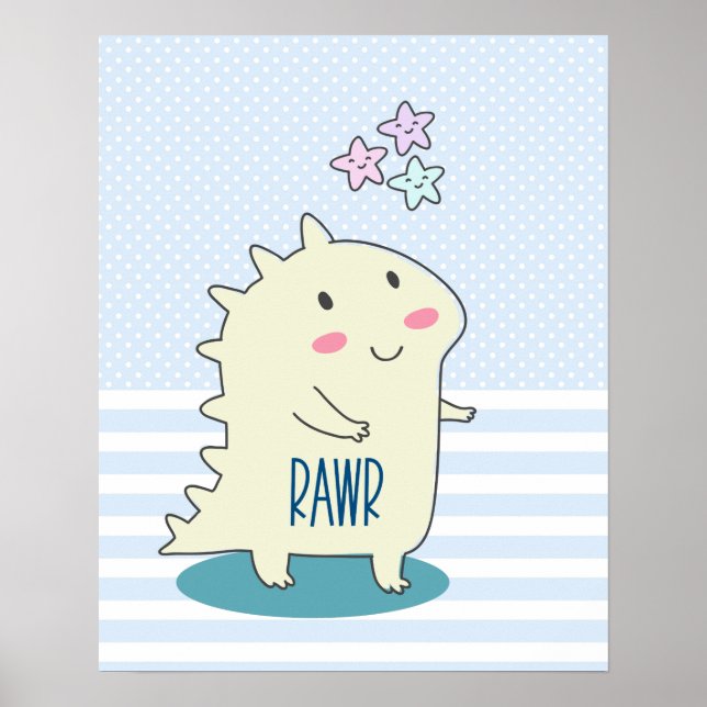 Cute Yellow Dinosaur Rawr with Happy Stars Poster (Front)