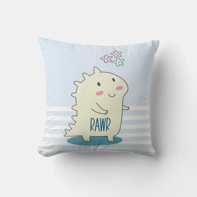 Cute Yellow Dinosaur Rawr with Happy Stars Throw Pillow (Front)