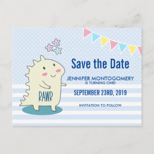 Cute Yellow Dinosaur with Happy Star Save the Date Postcard