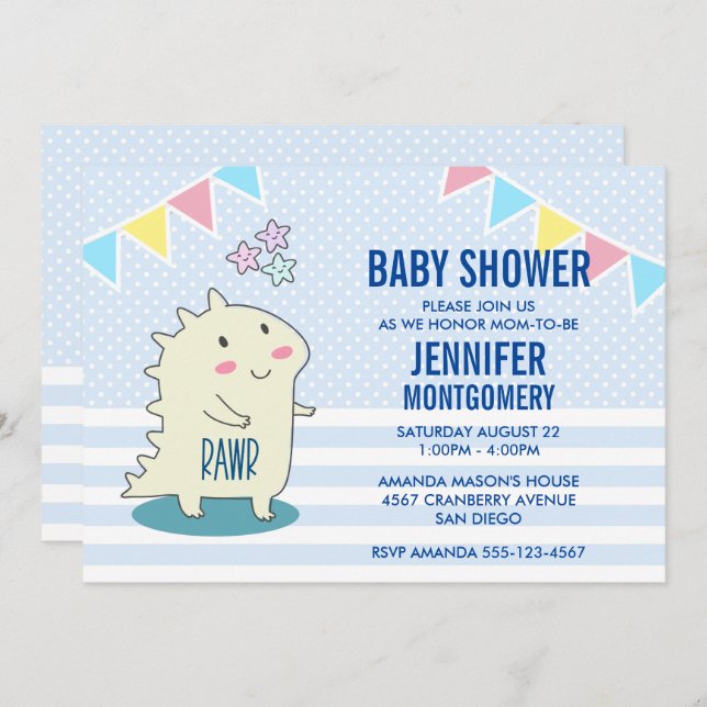 Cute Yellow Dinosaur with Happy Stars Baby Shower Invitation (Front/Back)