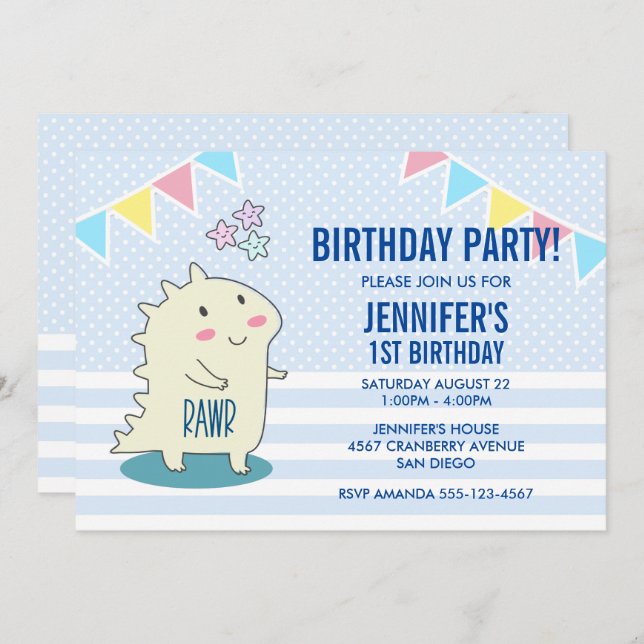Cute Yellow Dinosaur with Happy Stars  Birthday Invitation (Front/Back)