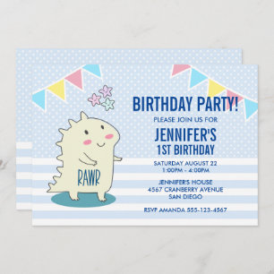 Cute Yellow Dinosaur with Happy Stars Birthday Invitation