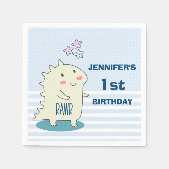 Cute Yellow Dinosaur with Happy Stars  Birthday Napkins (Front)