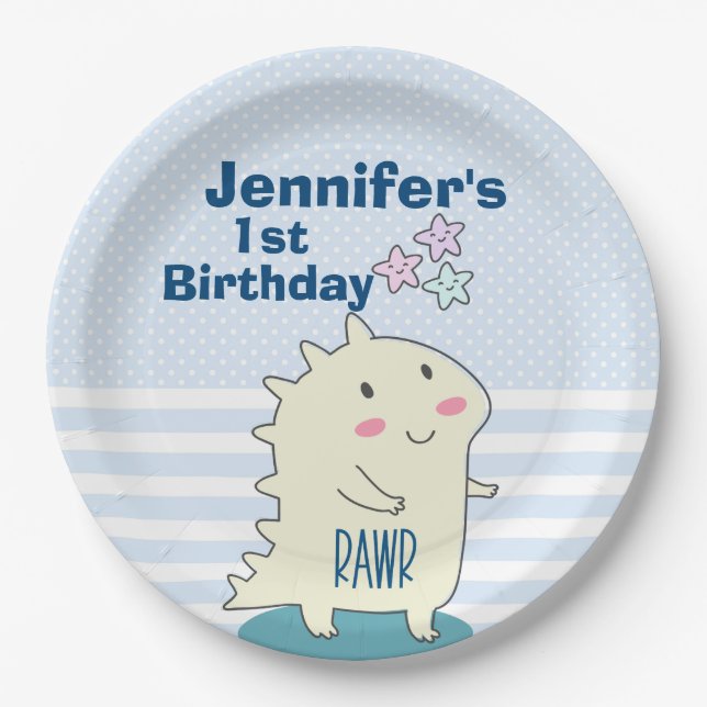 Cute Yellow Dinosaur with Happy Stars Birthday Paper Plates (Front)