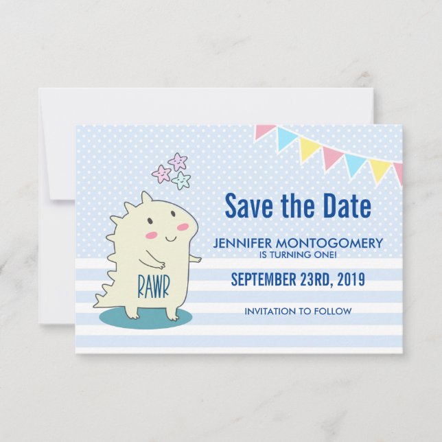 Cute Yellow Dinosaur with Happy Stars  Birthday Save The Date (Front)