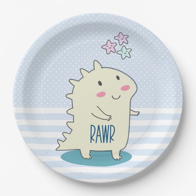 Cute Yellow Dinosaur with Happy Stars Paper Plates (Front)