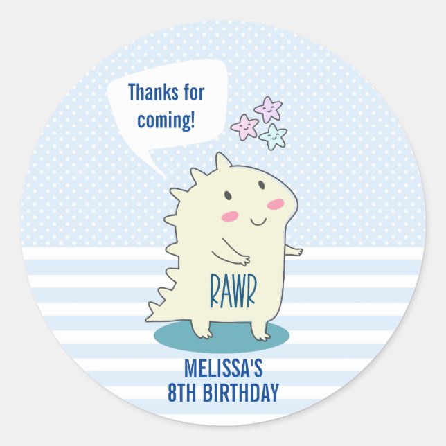 Cute Yellow Dinosaur with Happy Stars Thank You Classic Round Sticker (Front)