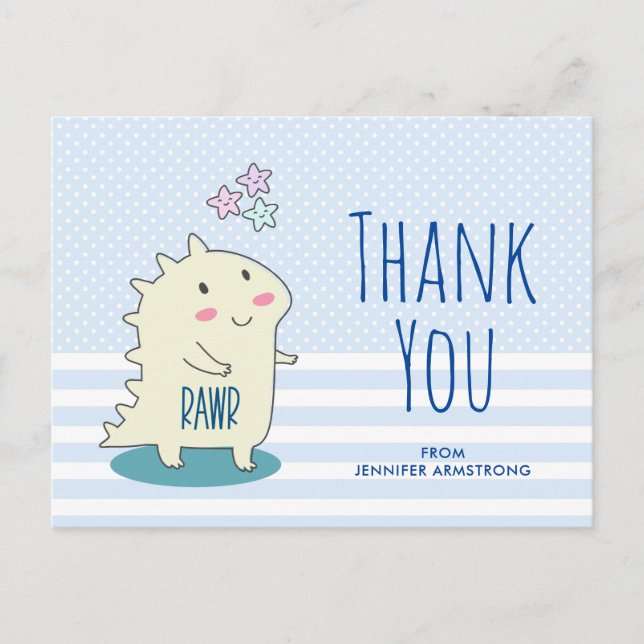Cute Yellow Dinosaur with Happy Stars Thank You Postcard (Front)