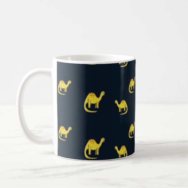 Cute yellow dinosaurs pattern on blue coffee mug (Left)
