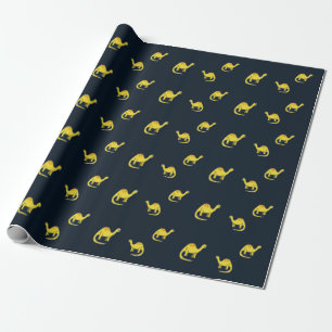 Cute yellow dinosaurs pattern on blue wrapping paper