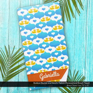 Cute Yellow Duck and Hearts Pattern Personalized Beach Towel