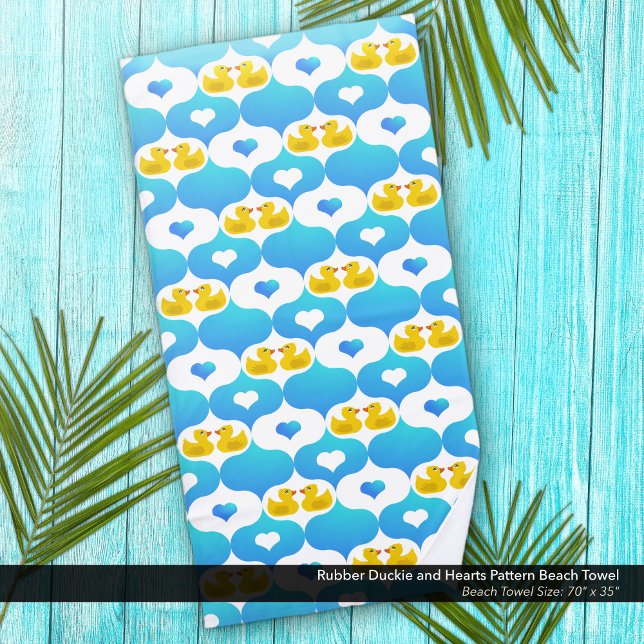 Cute Yellow Duck and Hearts Yellow and Blue Beach Towel (Rubber Duckie and Hearts Yellow and Blue Beach Towel)