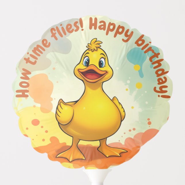 Cute Yellow Duck Birthday Balloon – How Time Flies (Front)