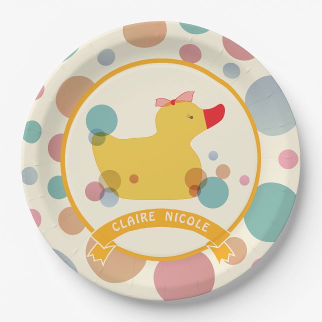 Cute Yellow Duck Birthday Party Paper Plates (Front)