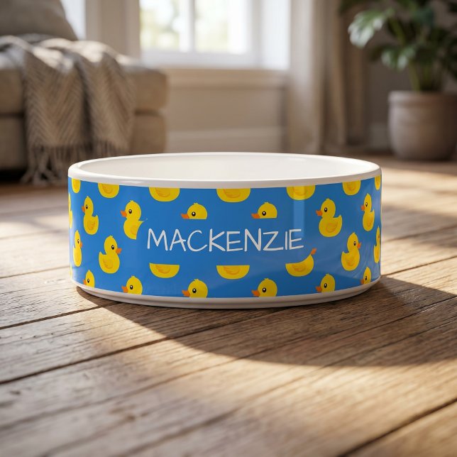 Cute Yellow Duck On Blue Pattern Personalized Bowl (Cute Yellow Duck On Blue Pattern Personalized Bowl
by Ricaso. Fun custom made pet bowls )