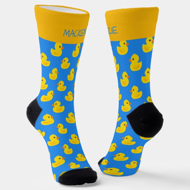 Cute Yellow Duck On Blue Pattern Personalized Socks (Angled)