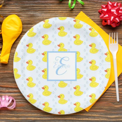 Cute Yellow Duck Pattern Monogram Baby Girl Paper Plates
