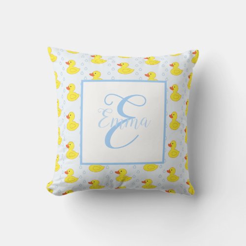 Cute Yellow Duck Pattern Monogram Baby Girl Throw Pillow
