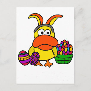 Cute Yellow Duck with Easter Bunny Ears and Basket Holiday Postcard