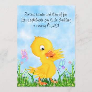 Cute Yellow Duckling And Butterflies 1st Birthday Invitation by TheCutieCollection at Zazzle