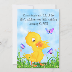 Cute Yellow Duckling and Butterflies 1st Birthday Invitation
