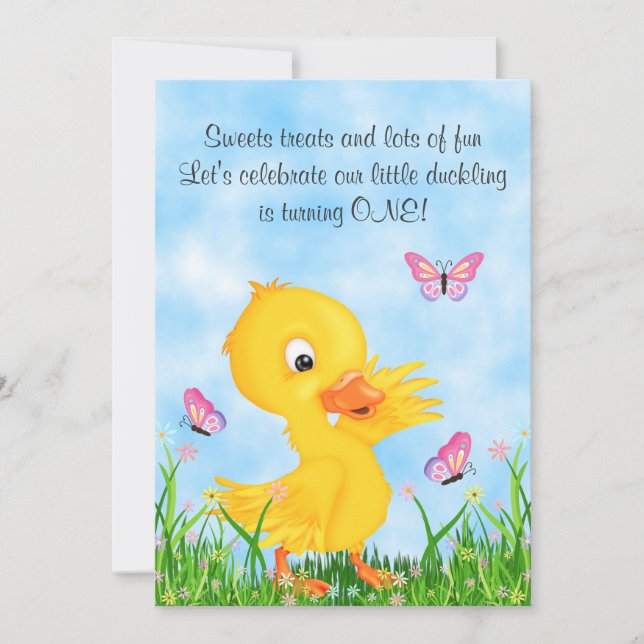 Cute Yellow Duckling and Butterflies 1st Birthday Invitation (Front)