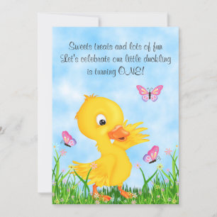 Cute Yellow Duckling and Butterflies 1st Birthday Invitation