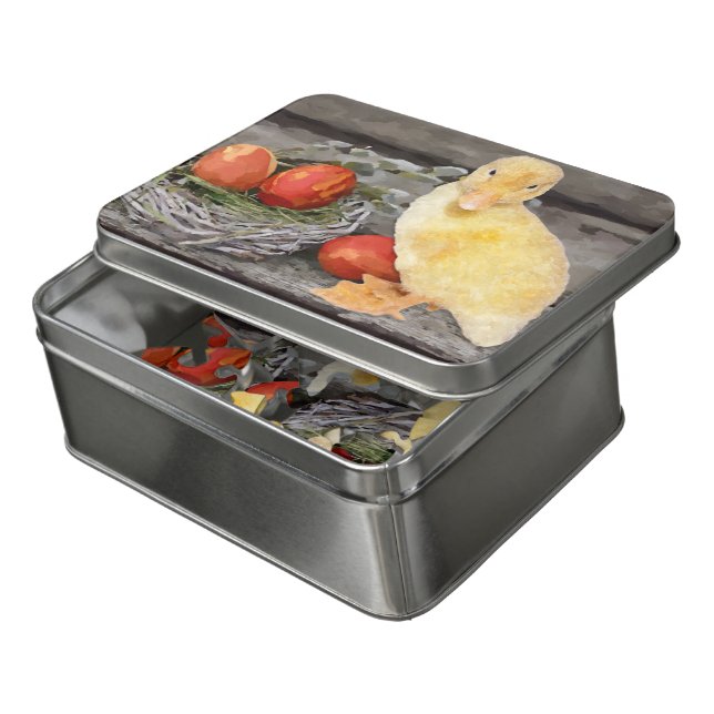 Cute Yellow Duckling Easter Eggs Nest Watercolor Jigsaw Puzzle (Lid Open)