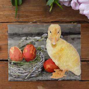 Cute Yellow Duckling Easter Eggs Nest Watercolor Jigsaw Puzzle