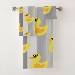 Cute yellow ducks on grey stripes bath towel set