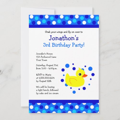 Cute Yellow Ducky Blue Polka Dots Birthday Invite