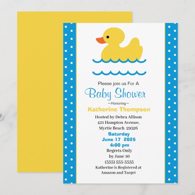 Cute Yellow Ducky Boys Baby Shower Invitation (Front/Back)