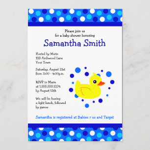 Cute Yellow Ducky on Blue Dots Baby Shower Invite