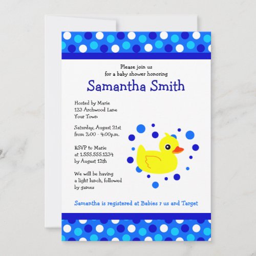 Cute Yellow Ducky on Blue Dots Baby Shower Invite