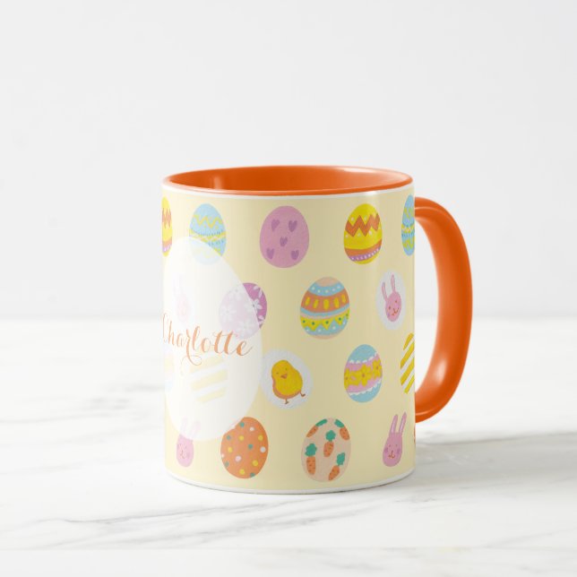 Cute Yellow Easter Egg Pattern Personalized Name Mug (Front Right)