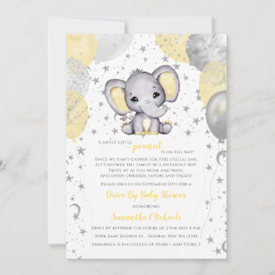 Cute Yellow Elephant Balloons Drive By Baby Shower Invitation