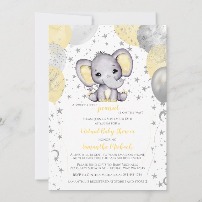Cute Yellow Elephant Balloons Virtual Baby Shower Invitation (Front)