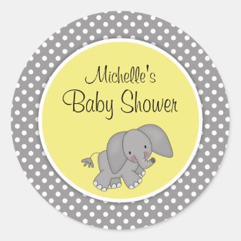 Cute Yellow Elephant Gender Neutral Baby Shower Classic Round Sticker by WhimsicalPrintStudio at Zazzle