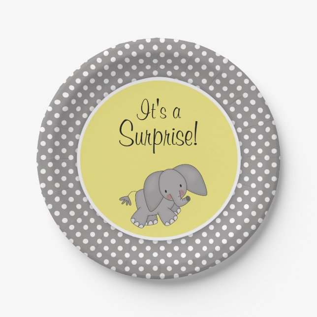 Cute Yellow Elephant Gender Neutral Baby Shower Paper Plates (Front)