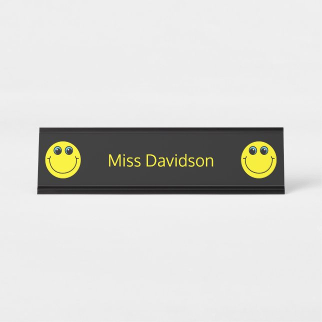 Cute Yellow Emoji Teacher Desk Name Plate (Front)