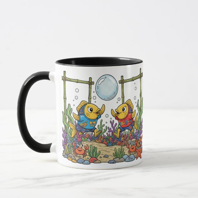 Cute Yellow Fish Playing Bubble Sports Ocean Kids  Mug (Left)