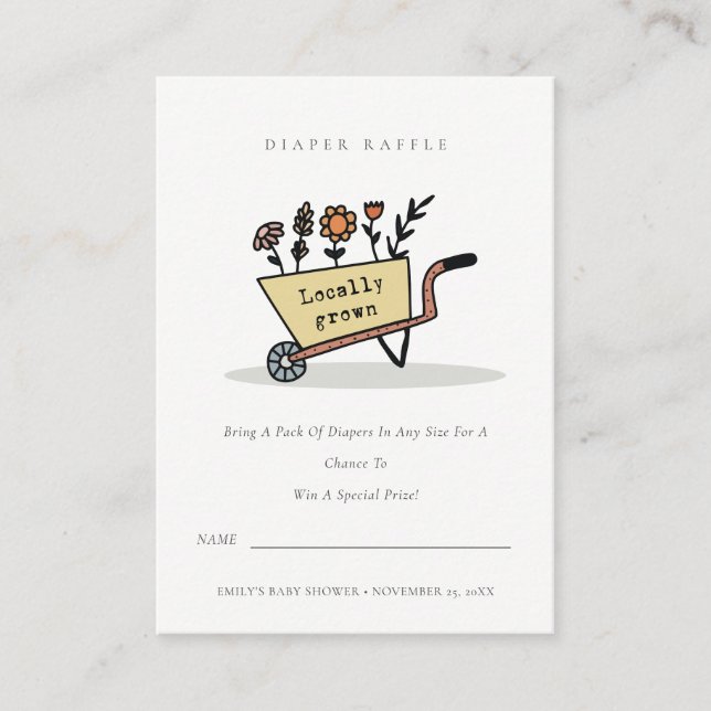 Cute Yellow Floral Cart Diaper Raffle Baby Shower  Enclosure Card (Front)