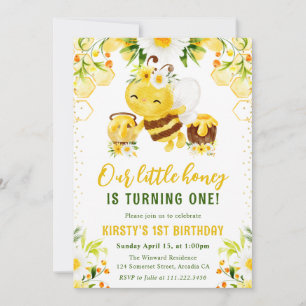 Cute Yellow Floral Honey Bee 1st Birthday Invitation