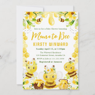 Cute Yellow Floral Honey Bees Baby Shower Invitation