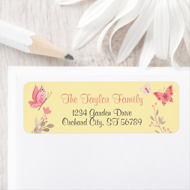 Cute Yellow Floral Pink Butterflies Label (Insitu)