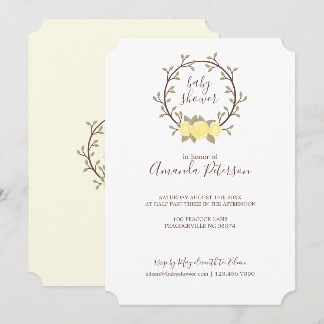 Cute Yellow Floral Wreath Baby Shower Invitation (Front/Back)