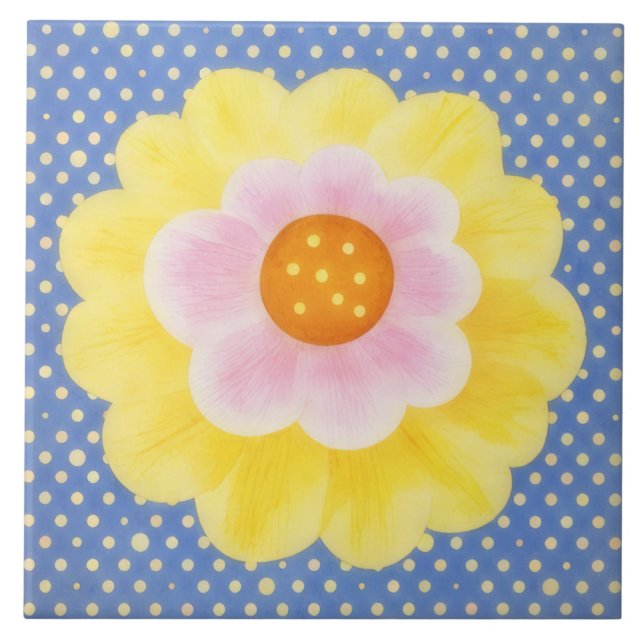 Cute Yellow Flower on Blue Decorative Tile (Front)
