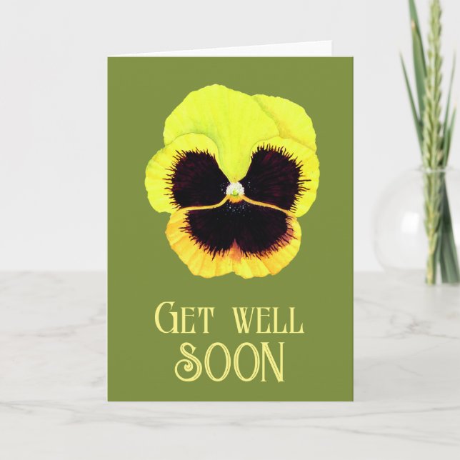 Cute Yellow Flower Watercolor Pansie Get Well  Card (Front)