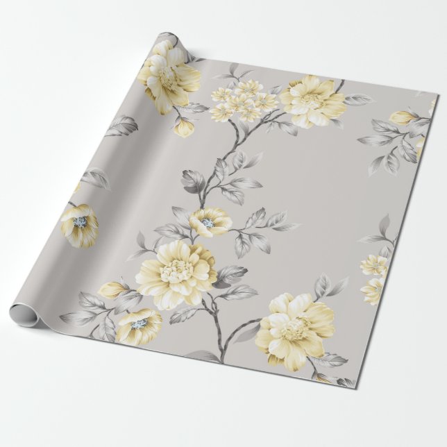 cute yellow flowers with gray leaves pattern on gr wrapping paper (Unrolled)